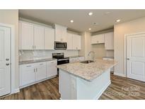 Modern kitchen features white cabinetry, granite countertops, stainless steel appliances, and wood flooring at 117 Canoga Ave, York, SC 29745