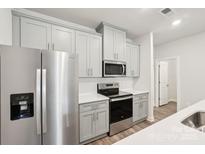 Modern kitchen features stainless steel appliances and light grey cabinetry at 135 Utility Ln # C, Mooresville, NC 28117