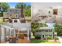 Real estate listing collage showcasing backyard, living room, kitchen, and home exterior at 10600 Four Mile Creek Rd, Charlotte, NC 28277