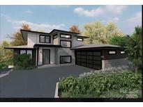 Modern home with a two-car garage, stone accents, and a sleek, flat roof design at 138 Broken Arrow Rd, Statesville, NC 28677