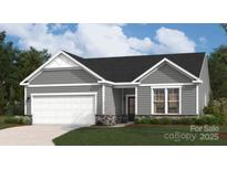 Charming single-Gathering home with gray siding, stone accents, and a pristine two-car garage at 908 Exeter Dr, Sherrills Ford, NC 28673