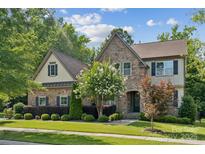 Charming stone home with a well-manicured lawn, blooming tree and lush landscaping at 11412 Preservation Ln, Charlotte, NC 28278