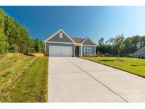 Charming home with gray siding, manicured lawn, and a long concrete driveway leading to an attached two-car garage at 10180 Lakeshore Dr, Lancaster, SC 29720