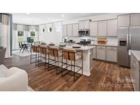 Bright kitchen features grey cabinetry, a granite island with seating, and stainless steel appliances at 1056 Mapletree Ln, Indian Trail, NC 28079