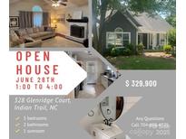 Real estate listing highlighting the living room, kitchen, and bathroom features for open house event at 328 Glenridge Ct, Indian Trail, NC 28079