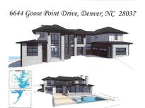 Modern architectural rendering of a lakeside home featuring a pool, balconies and a three car garage at 6644 Goose Point Dr, Denver, NC 28037