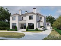 Elegant, two-story white brick home featuring large windows and a meticulously landscaped front yard at 1436 Queens W Rd, Charlotte, NC 28207