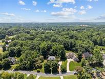 A scenic aerial view showcases the property and its lush, tree-lined surroundings under a partly cloudy sky at 1019 Westlake Dr, Kannapolis, NC 28081