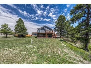Expansive backyard with mature trees and well-maintained lawn offers plenty of space at 10534 Inspiration Dr, Parker, CO 80138