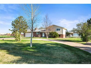 Charming home featuring a spacious front yard, long driveway and a combination of brick and vinyl siding at 29881 E 128Th Ave, Commerce City, CO 80022