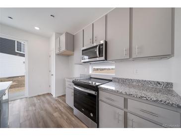 Stylish kitchen features gray cabinets, stainless steel appliances, and granite countertops at 22133 E 38Th Pl, Aurora, CO 80019