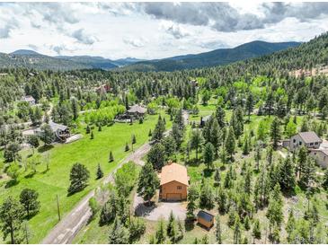 Gorgeous aerial view of mountain property surrounded by lush greenery and mature trees at 31150 Manitoba Dr, Evergreen, CO 80439