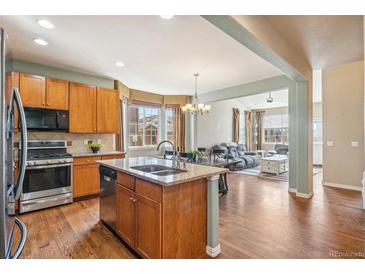 Bright kitchen features stainless appliances, center island with sink, and an easy transition to the adjacent living room at 19602 E 63Rd Dr, Aurora, CO 80019