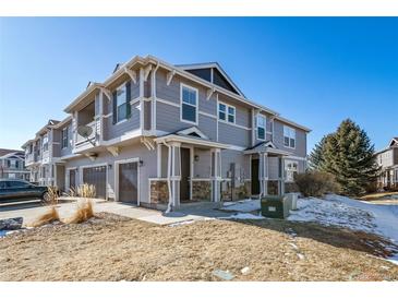 Gray two-story townhome with attached garage and landscaping at 17358 Waterhouse Cir # F, Parker, CO 80134