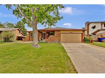 Charming brick ranch home with a lush green lawn and mature tree providing shade and curb appeal at 13624 Omega Cir, Lone Tree, CO 80124
