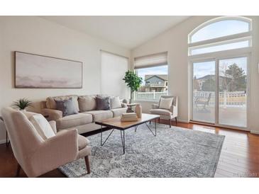 Cozy living room with vaulted ceilings, a neutral color palette, large windows, and an outdoor view at 7496 Chipmunk Pl, Littleton, CO 80125