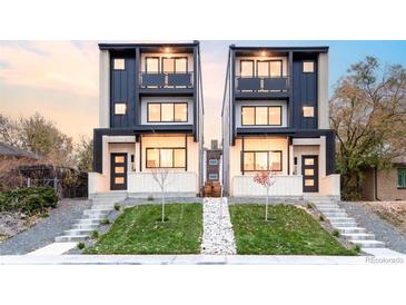 Two modern, attached townhouses with sleek design, brick facade, and landscaping at 3437 W 17Th Ave, Denver, CO 80204