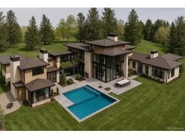 Stunning aerial view of a modern home with a pool, patio, and lush landscaping, surrounded by trees at 90 Meade Ln, Englewood, CO 80113