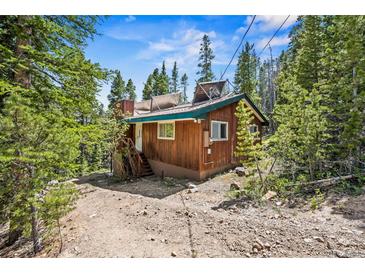 Charming wood cabin nestled amongst the trees with solar panels on roof and gravel parking in front at 542 Harris Dr, Idaho Springs, CO 80452