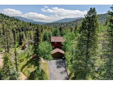 Secluded cabin-style home nestled amongst towering trees with a driveway, promising privacy and scenic views at 10438 Sunlight Ln, Conifer, CO 80433