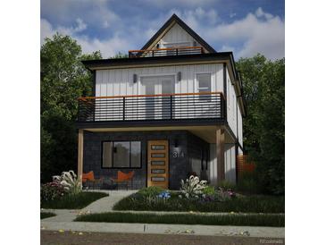 Modern two-story home with eye-catching balconies, wood accents, manicured landscaping, and vibrant seating area at 314 Galapago St, Denver, CO 80223
