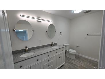 Bright bathroom features dual sinks, granite countertop, modern lighting, and a neutral color palette at 100 E Highline Cir # 307, Centennial, CO 80122