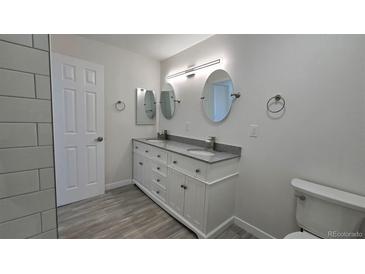 Bright bathroom featuring a dual sink vanity with granite countertop and modern fixtures at 100 E Highline Cir # 307, Centennial, CO 80122