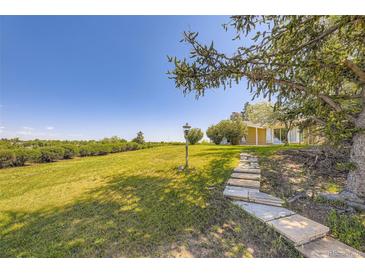 Expansive backyard featuring stone walkway, lamp post, mature trees, and lush landscaping at 34 S Raleigh St, Denver, CO 80219
