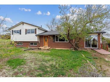 Quaint split-level home featuring a charming brick facade, lush lawn, mature tree, and inviting front entrance at 541 Yucca Hills Rd, Castle Rock, CO 80109