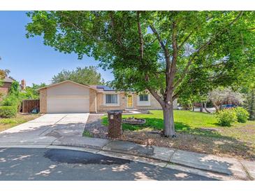 Charming brick and siding home with an attached garage, lush lawn, and a large shade tree in the front yard at 3253 S Kalispell St, Aurora, CO 80013