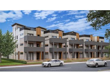 Modern townhomes feature brick and siding exteriors, balconies, and rooftop patios under a blue, cloudy sky at 838 N Cherry St # 1, Denver, CO 80220