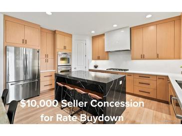 Modern kitchen featuring stainless steel appliances, light wood cabinets, and a striking black island with seating at 2463 Tavern Way, Castle Rock, CO 80104