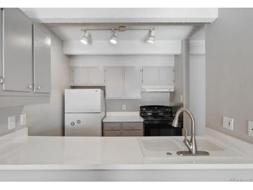 Simple kitchen with white countertops and gray cabinets at 1433 N Williams St # 801, Denver, CO 80218