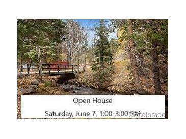 Scenic creek view with a charming bridge and lush greenery surrounding the property at 2971 Fall River Rd, Idaho Springs, CO 80452