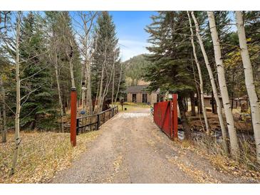 Secluded home entrance with a red metal gate, wooden bridge, and surrounded by lush trees at 2971 Fall River Rd, Idaho Springs, CO 80452