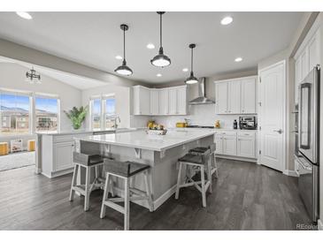 Bright kitchen features a large island with seating, pendant lighting, and white cabinetry at 9021 Swan River St, Littleton, CO 80125