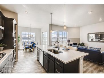 Bright kitchen island with stainless steel sink, dark cabinets, and open dining and living area at 917 W 129Th Pl, Denver, CO 80234