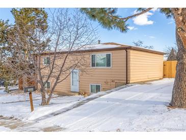 Tan two-story house with a snow-covered yard at 8932 Neil St, Thornton, CO 80260