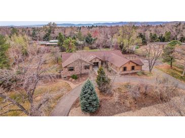 A stunning aerial view of the home reveals its stone and wood exterior and beautiful surroundings with mature trees at 4700 Homestead St, Bow Mar, CO 80123