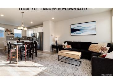 Inviting open-concept living room featuring modern decor and an adjacent kitchen with stainless steel appliances at 1312 Independence St # 3, Lakewood, CO 80215