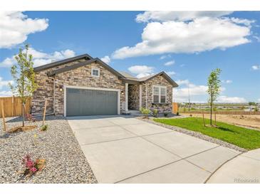 Charming stone-accented home with a gray garage door, complemented by a well-manicured lawn and landscaping at 6384 E 154Th Pl, Thornton, CO 80602
