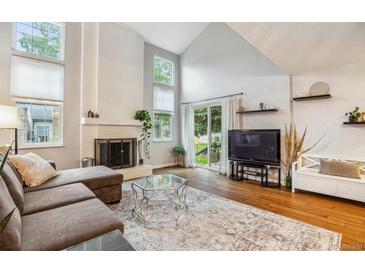 Bright living room features a fireplace, vaulted ceilings, and sliding glass door leading to outdoor area at 14121 E Baltic Pl, Aurora, CO 80014