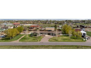 Expansive front yard featuring a circular driveway, lush lawn, and mature trees at 12941 W 75Th Ave, Arvada, CO 80005