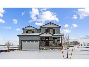 Two-story house with gray siding, stone accents, and a two-car garage at 25022 E 34Th Pl, Aurora, CO 80019