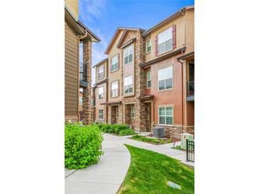 View of the townhomes showing the manicured lawn and path to the homes at 2225 Santini Trl # C, Littleton, CO 80129