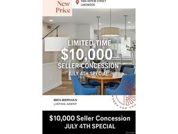 A modern dining area features stylish light fixtures and comfortable blue chairs around a wooden table at 1064 Depew St, Lakewood, CO 80214