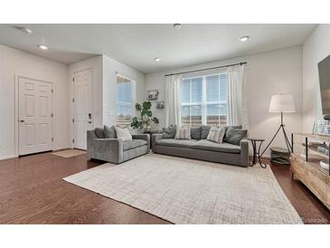 Bright living room features large windows, comfortable seating, and neutral decor, creating an inviting atmosphere at 17548 Bluetrail Ave, Parker, CO 80134