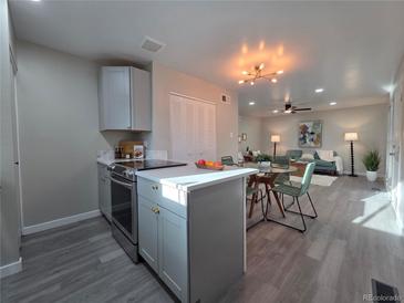 Stylish open-plan kitchen with stainless steel appliances and gray cabinets at 1250 S Monaco Pkwy # 17, Denver, CO 80224
