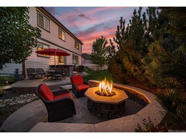 Inviting backyard with a stone fire pit, outdoor seating, and a built-in bar, perfect for entertaining at 12035 Fontberry St, Parker, CO 80134
