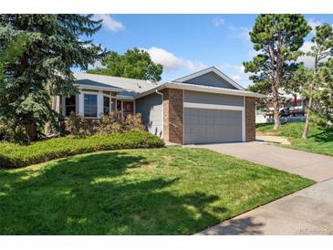 Charming single-Gathering home featuring a well-manicured lawn, mature trees, and an attached two-car garage at 11 Canongate Ln, Highlands Ranch, CO 80130